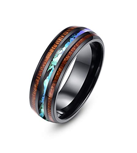 8mm Hawaiian Koa Wood and Abalone Shell Stainless Steel Rings Wedding Bands for Men Comfort Fit (Black, 11)