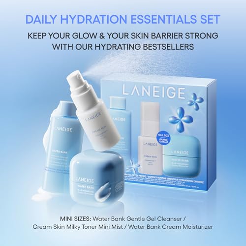 LANEIGE Daily Hydration Essential Set | Gentle Gel Cleanser, Cream Skin Mist, & Water Bank Blue Hyaluronic Cream Moisturizer