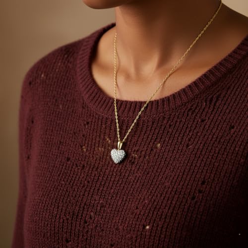Jewelili 10K Yellow Gold Cubic Zirconia Puffed Heart Pendant Necklace