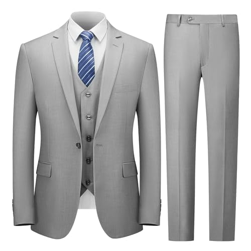 Cooper & Nelson Men's Suit Slim Fit, 3 Piece Suits for Men, One Button Jacket Vest Pants with Tie, Tuxedo Set Light Grey L