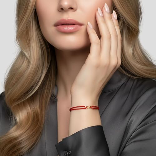 Luck Strings 14k Solid Gold Infinity Cord Bracelet String Charm Adjustable Jewelry Unisex Rope Thread Bracelets for Women Men (Red)