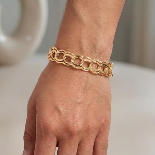 Floreo 14k Yellow Gold 10mm Solid Large Double Chino Link Charm Bracelet, 7 Inch or 8 Inch