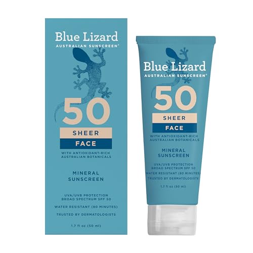 Blue Lizard Sheer Face Mineral SPF 50 Sunscreen Lotion, 100% Mineral Formula, Blue Light Protection, Lightweight, Rubs In Smooth, Nourishes and Hydrates, Paraben-Free, Fragrance-Free, 1.7 fl oz