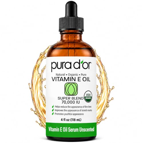 PURA D'OR ORGANIC Vitamin E Oil 70,000 IU Blend for Body Face Care, 4 fl oz