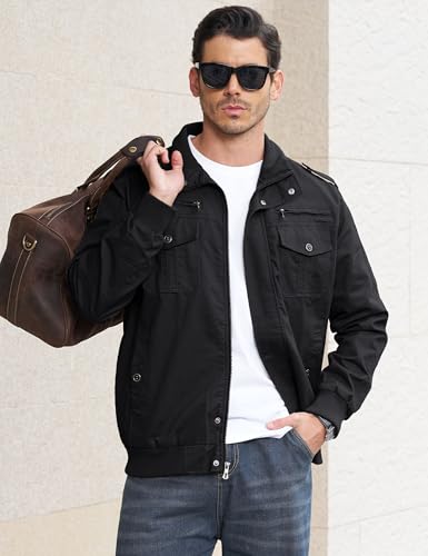 EKLENTSON Jacket Winter For Men Military Jacket Bomber Jacket Lightweight Windproof Windbreaker Black L