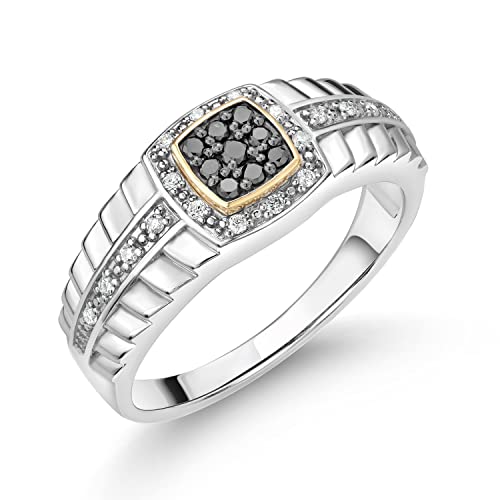 Gem Stone King White Lab Grown Diamond and Black Diamond Ring for Men | 0.19 Cttw | 925 Silver and 10K Yellow Gold | Size 7