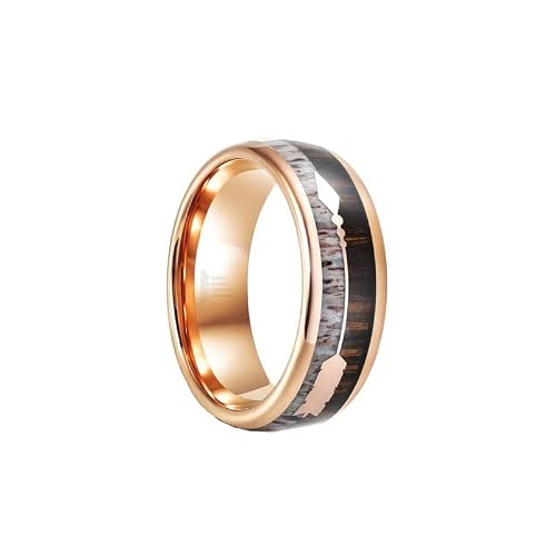 Rose Gold Ring Mens Wedding Band Arrow Deer Antler and Koa Wood Ring for Him Rustic Wood and Tungsten Rings for Men with Antler Inlay