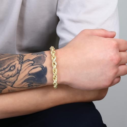 Nuragold 14k Real Yellow Gold Rope Chain Diamond Cut Mens Bracelet - 8mm - 8"