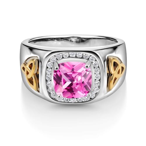 Gem Stone King 3.01 Ct Pink Created Sapphire and Lab Grown Diamond Men's Ring | 925 Silver and 10K Yellow Gold | Cushion 8MM | September Birthstone | Available in Size 7, 8, 9, 10, 11, 12, 13 | Size 9