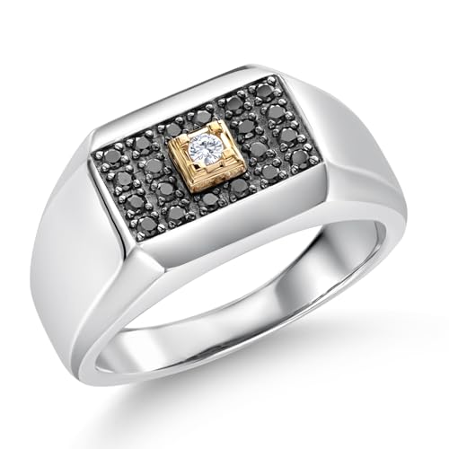 Gem Stone King Black Diamond and White Lab Grown Diamond Ring for Men | 925 Sterling Silver and 10K Yellow Gold | 0.29 Cttw | Size 13