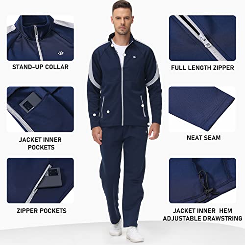 MoFiz Men's Activewear Full Zip Warm Tracksuit Sports Set Casual Sweat Suit Jogger Running 2 Piece Outfits Navy&Light Gray XL