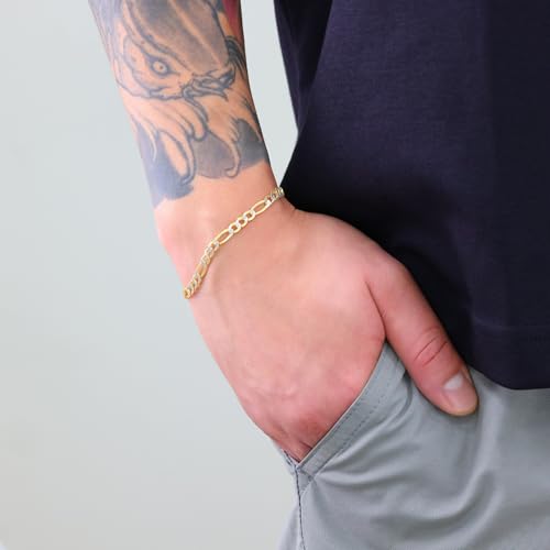 Nuragold 10k Real Yellow Gold Figaro Link Pave Diamond Cut Chain Bracelet - 4.5mm,7"