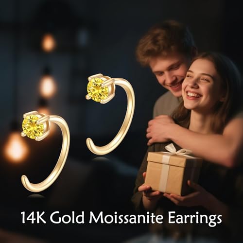 10K Solid Gold Huggie Half Hoop Birthstone Earrings for Women, Gold Citrine Colored Gemstone Tiny Cartilage Earring Hypoallergenic Jewelry Anniversary Birthday Gift 10mm