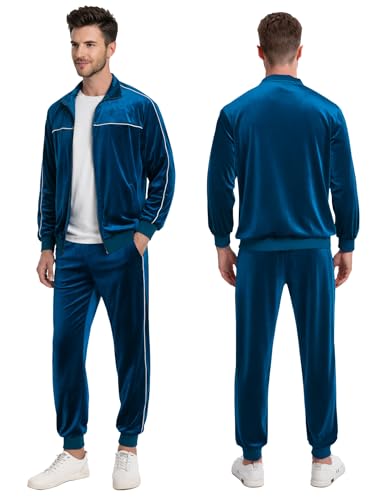 PPONE Velour Mens Tracksuits 2 Piece Sweatsuits Jogging Outfits for Men Leisure Full Zip Velvet Suit Jacket Pants Set