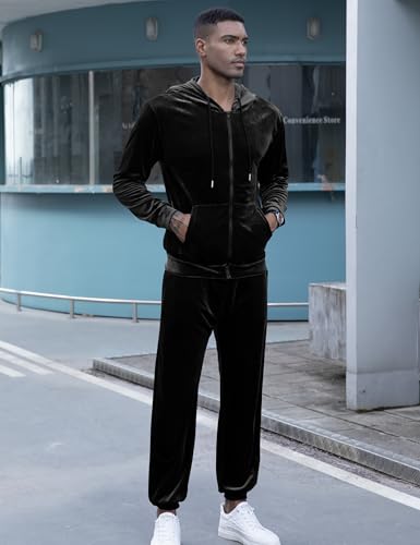 LecGee Men's 2 Pieces Full Zip Tracksuits Velvet Sport Suits Casual Outfits Jacket & Pants Fitness Tracksuit Set(Black,Large)