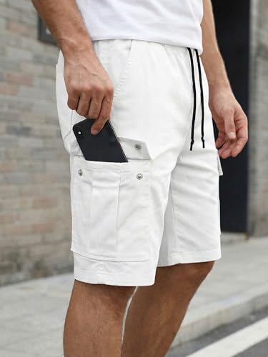 JMIERR Mens Casual Twill Cargo Shorts Cotton Drawstring Classic Cargo Chino Stretch Short with 6 Pockets for Men, US42(3XL), A White