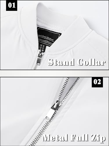 TACVASEN Bomber Jacket Men White Jacket Zip Up Jackets Fall Bomber Jackets Light Windbreaker Coats Casual Stylish Flight Coats with Inner Pockets