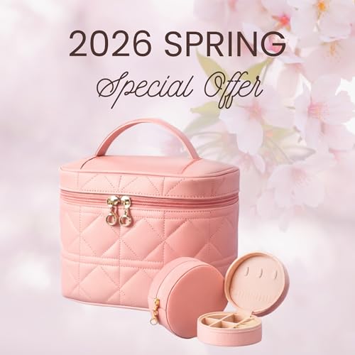 NESTORO Makeup Bag with Jewelry Case Set, Pink Quilted PU Leather with Handle, Gold Zipper