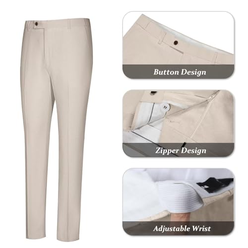 Aowdoy Men's 2 Piece Beige Linen Suits Slim Fit Casual Summer Beach Wedding Dress Prom Suit Blazer Jacket and Pants Beige M