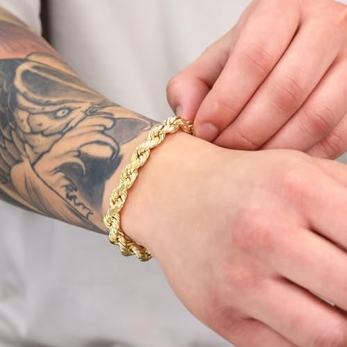 Nuragold 14k Real Yellow Gold Rope Chain Diamond Cut Mens Bracelet - 8mm - 8"