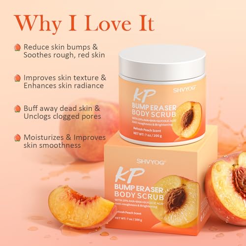 SHVYOG KP Bump Eraser Body Scrub with 10% AHA+BHA & Glycolic Acid, Exfoliating Body Scrub for Chicken & Strawberry Skin, Helps Reduce Skin Bumps, Soothe Rough Redness, Ingrown Hair, Peach Scent 7 Oz