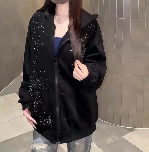clyinsna Goth Y2K Rhinestone Hoodie for Women Men Oversized Diamond Hoodie Luxury Bedazzled Streetwear Pullover (Black,X-Large)