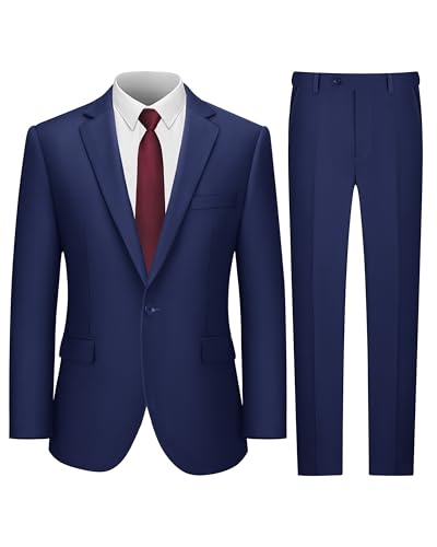 LUPURTY Men's 2 Piece Suits Slim Fit One Button Blazer Jacket Pants Tuxedo Set with Tie for Prom, Wedding and Business Navy