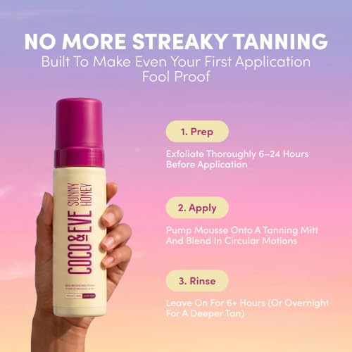 Coco & Eve Sunny Honey Self Tanner Foam - (Medium) Fast Drying, Streak-Free Sunless Tanning Mousse, Tropically Scented Lightweight Natural Looking Tan, Non-Sticky, Vegan, Cruelty Free | 6.7 Fl Oz