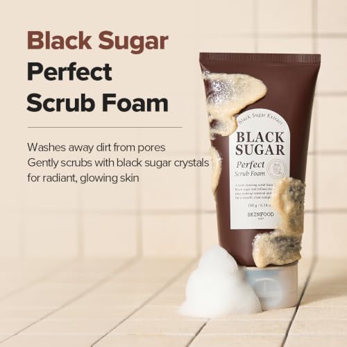 SKINFOOD Black Sugar Perfect Scrub Foam 180g - Detoxifying Pore Scrubs & Exfoliator Soft & Rich Bubble Facial Foam Cleanser, Removes Dead Skin Cells - Exfoliating Skincare for Men & Women (6.35 oz)