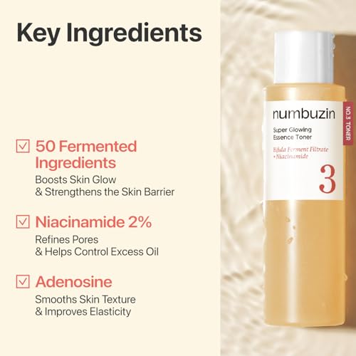 numbuzin No.3 Super Glowing Essence Toner, Fermented Toner for Skin Glow & Texture, Bifida, Niacinamide, Hydrating, Radiance-Boosting Essence, Pore Reset, 6.76 fl oz (200ml)