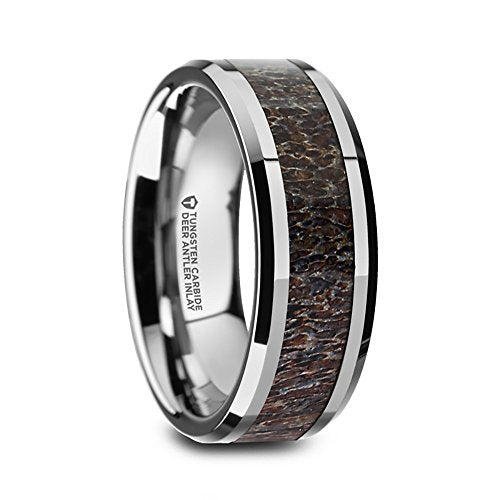 Fawn Tungsten Carbide Wedding Band Ring with Dark Brown Deer Antler Inlay Polished Beveled Edges Comfort Fit - 8mm Wide