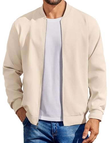 COOFANDY Mens Casual Lightweight Cotton Jacket Fashion Flight Linen Bomber Varisty Jacket With Pockets Beige, X-Large