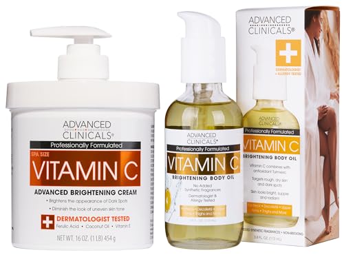 Advanced Clinicals Brightening Vitamin C Cream Moisturizer + Vitamin C Body Oil 2pc Skincare Set | Nourishing, Brightening, & Hydrating Body Oil & Body Lotion To Improve Appearance Of Dark Spots, 2pc