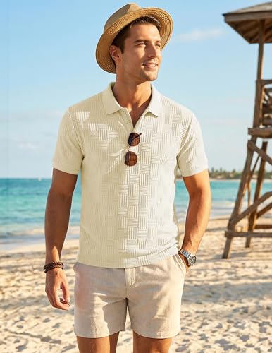 JMIERR Men's Business Casual Polo Shirt Jacquard Textured Golf Polos Quiet Luxury T Shirt, US40(M), Beige