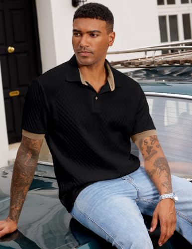 JMIERR Polo Shirts for Men Classic Fit Short Sleeve Casual Soft Button Old Money Textured Cable Knit Quiet Luxury Shirt, XL, Black