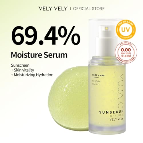 VELY VELY Yuja C Sunscreen Serum SPF 50+ PA++++, Korean Sunscreen UV Protection Lightweight Pore Care, Non-Sticky, No-Pilling Evens Out Skin Tone for Sensitive Skin 30ml/1.01 oz