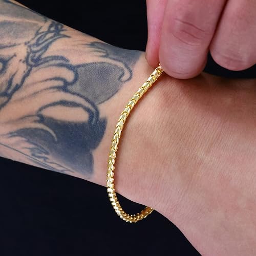 Nuragold 14K Real Yellow Gold Franco 3mm Solid Dia-Cut Chain Mens Bracelet - 7.5"