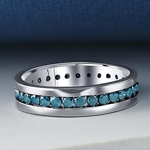 P3 POMPEII3 Pompeii Men's 1 1/5ct Blue Diamond Channel Set Eternity Ring 14K White Gold Wedding Band - Size 10.5