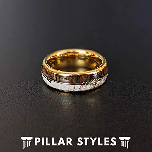 Pillar Styles 14K Gold Antler Wedding Band with Koa Wood and Arrow Inlay - Men's & Women's Unisex Rustic Boho Ring