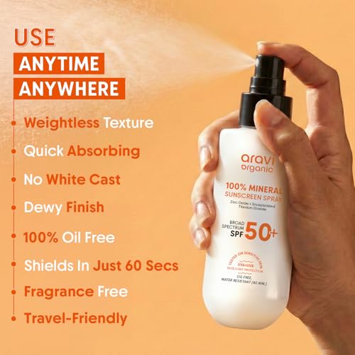 Aravi Organic 100% Mineral Sunscreen Spray SPF 50 | Broad Spectrum | Water Resistant 80 Min | Lightweight, No White Cast | Tan-Free Skin | Reef Safe + Oxybenzone Free | Zinc Oxide & Titanium Dioxide