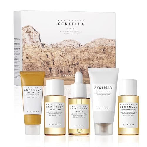 SKIN1004 Madagascar Centella Travel Kit, Toner, Ampoule, Soothing Cream, Cleansing Oil, Ampoule Foam, Basic Skincare Trial Kit Box , Gift Sets for Mom, Women & Mothers Day, Compact Size