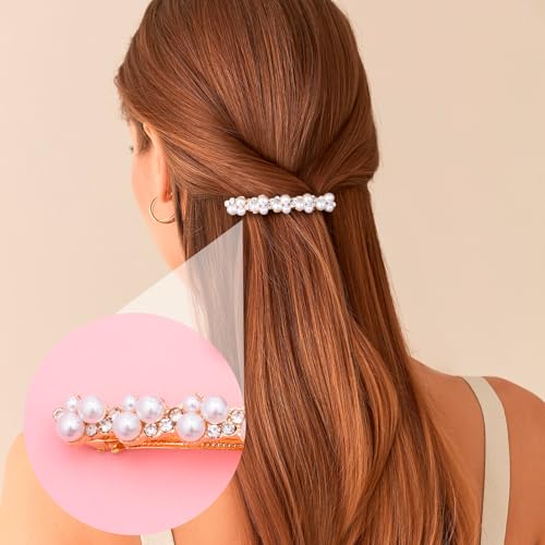 CTEAKOP 2 Pcs Pearl Hair Clips, Pearl-Embellished Barrette, Elegant Rhinestone Pearls Barrettes for Women, Party, Wedding, Daily Use, Graduation (Gold)