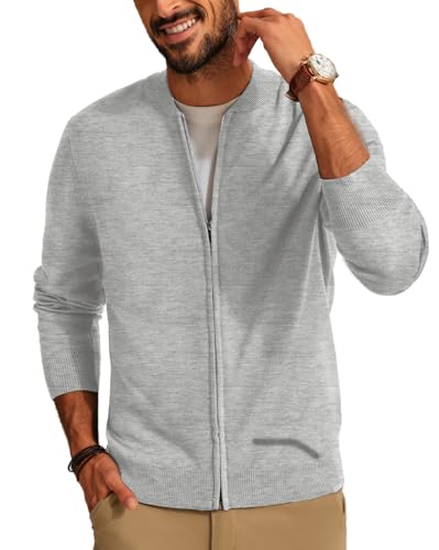 Mens Classic 2-Way Zip Cardingan Sweater Stand Collar Baseball Jacket Light Grey, M