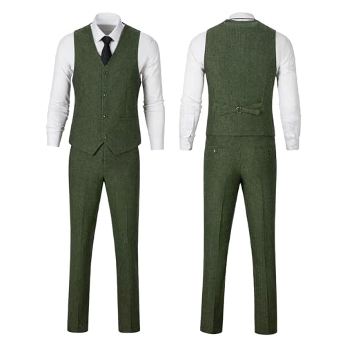 Retro 3 Piece Suit Tweed Herringbone Men's Suits Slim Fit Groom Tuxedos Set Prom Brown Grey Jacket Blazer Vest Pants Green L