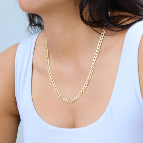 Nuragold 14K Real Yellow Gold Cuban Curb Pave Diamond Cut Chain Necklace - 5.5mm,22"