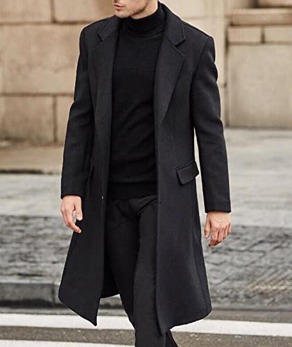 SOMTHRON Men's Casual Trench Coat Slim Fit Notched Collar Long Jacket Overcoat Single Breasted Pea Coat wih Pockets BL-M