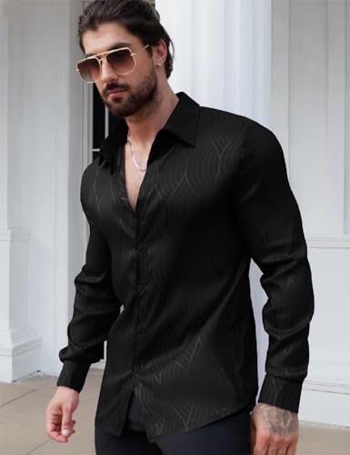 ZSJR Men Metallic Satin Dress Shirt Luxury Jacquard Long Sleeve Casual Button Down Shirts Silk Shirts Black Large