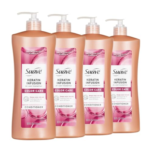 Suave Keratin Infusion Color Care Conditioner for Color-Treated Hair, Anti Fade + 48HR Frizz Control, Smooths & Boosts Shine, 28 FL OZ Pump, 4 Count