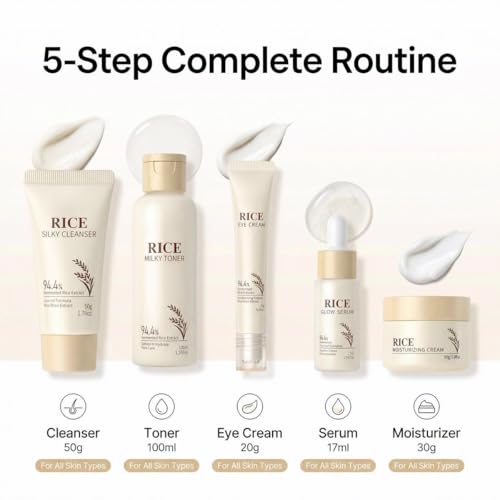 Korean Skin Care Set with Rice, 5-Step Facial Kit for Women