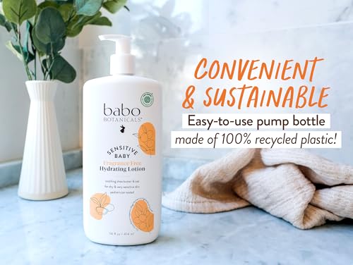 Babo Botanicals Sensitive Baby Fragrance-Free Daily Hydrating Baby Lotion - Shea Butter & Jojoba Oil - for Body & face - for Babies, Kids & Adults with Sensitive Skin - EWG Verified - Vegan - 14oz